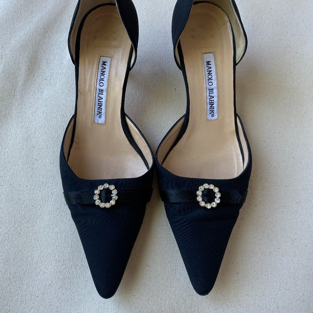 Manolo Blahnik Black Peau de Soie d'Orsay Heel, Crystal Embellishment, Size 37.